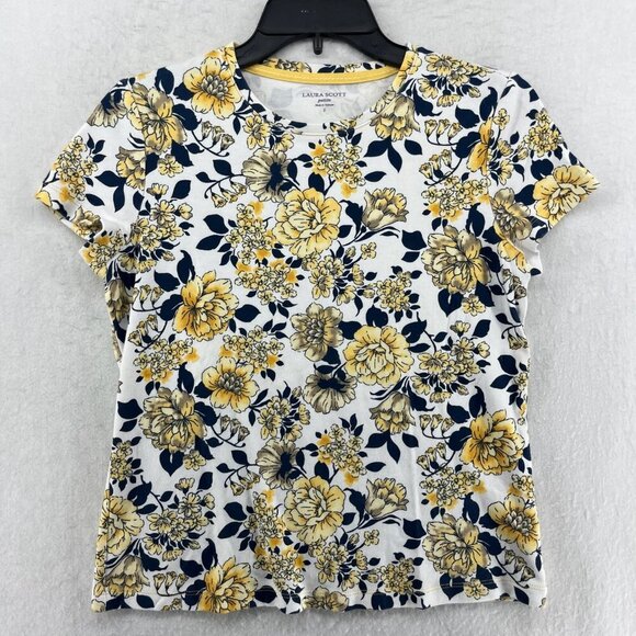 Laura Scott T Shirt Women PS White Yellow Floral Pullover Round Neck Cottagecore - Picture 1 of 12